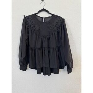 Zara Womens Shirt Top Tiered Ruffle Hem Black Embroidered‎  XS NWT